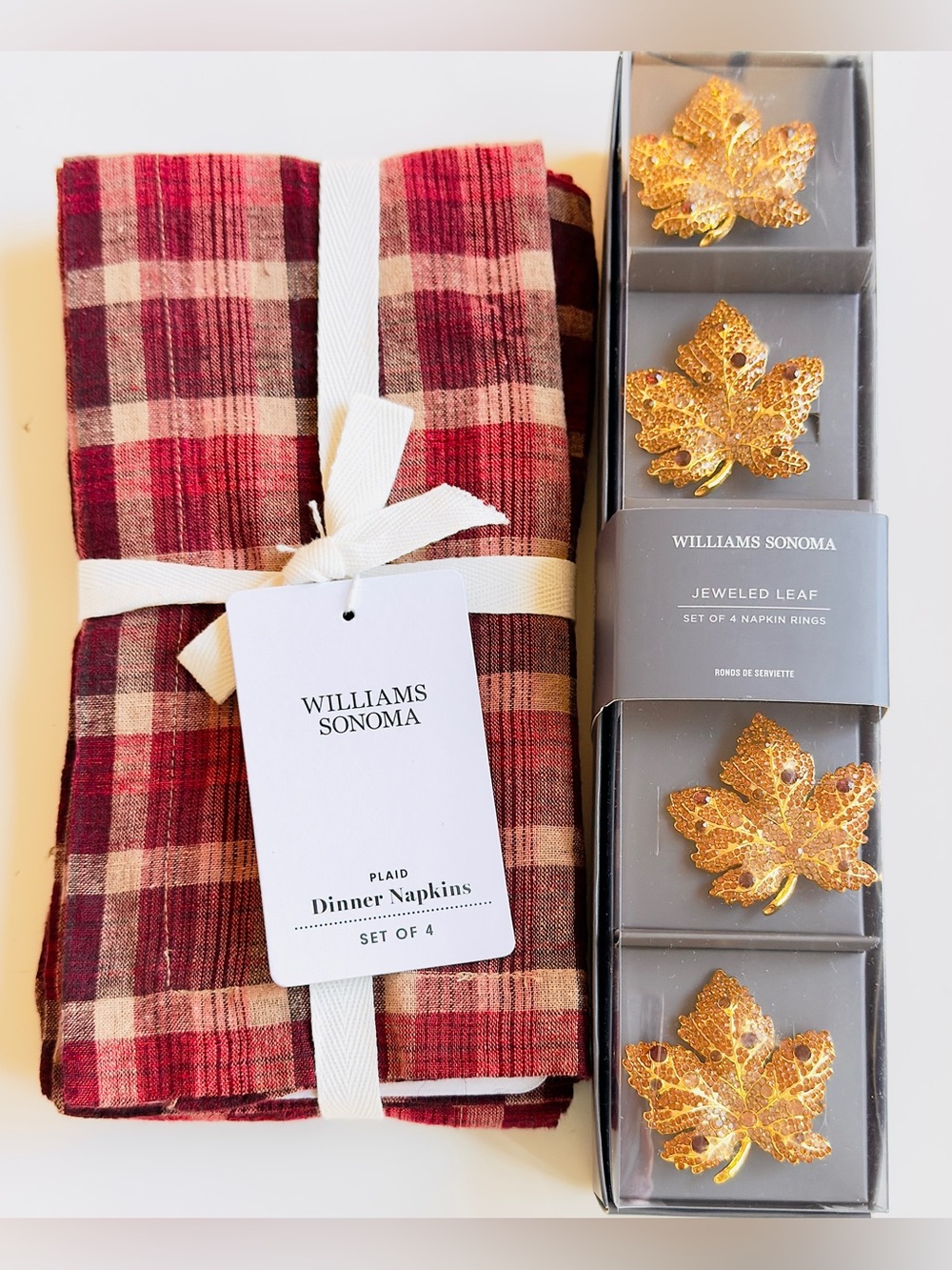 Williams Sonoma Cranberry Plaid Napkins & Jeweled Leaf Napkin Rings, Retail $129